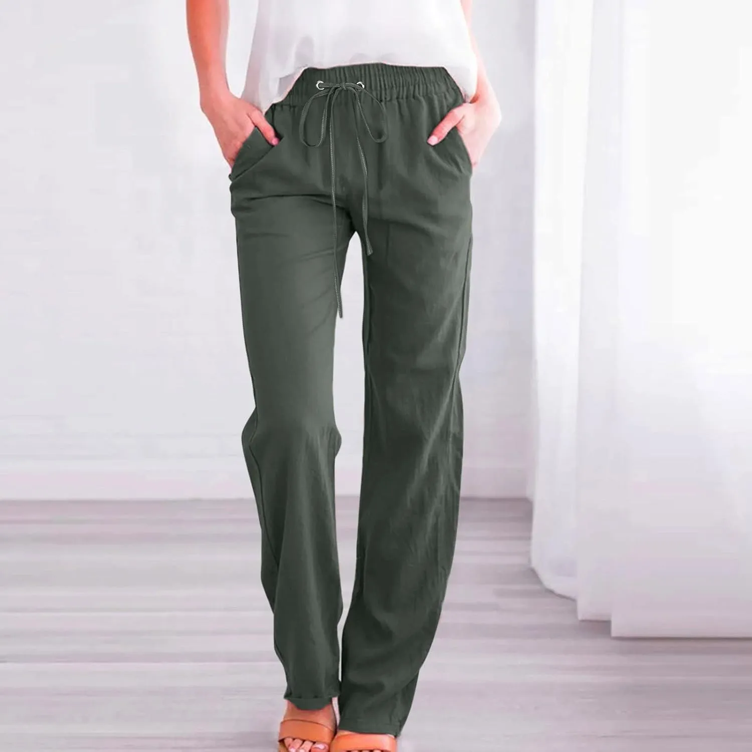 Summer Womens Linen Pants Soild High Waisted Trousers Linen Wide Leg Pants for Women Causal Dressy Drawstring Pants