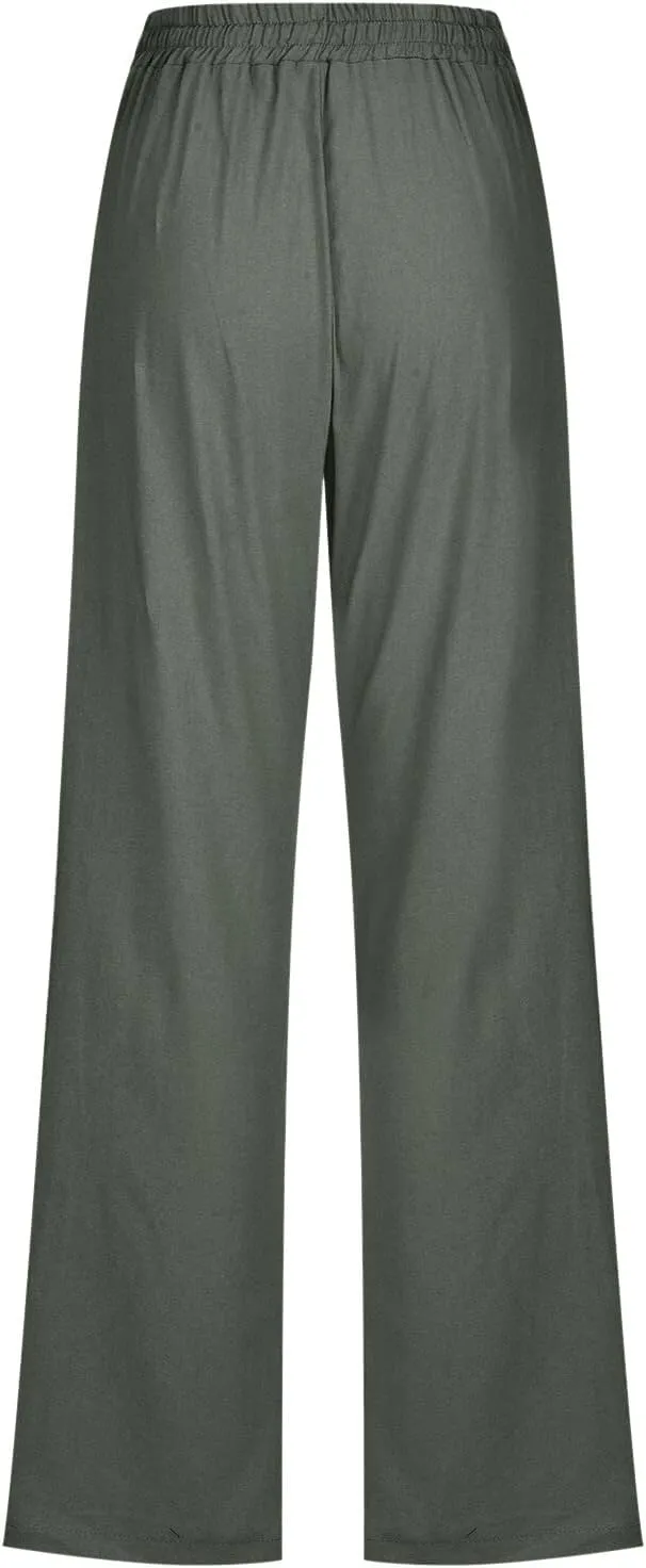 Summer Womens Linen Pants Soild High Waisted Trousers Linen Wide Leg Pants for Women Causal Dressy Drawstring Pants