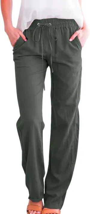 Summer Womens Linen Pants Soild High Waisted Trousers Linen Wide Leg Pants for Women Causal Dressy Drawstring Pants