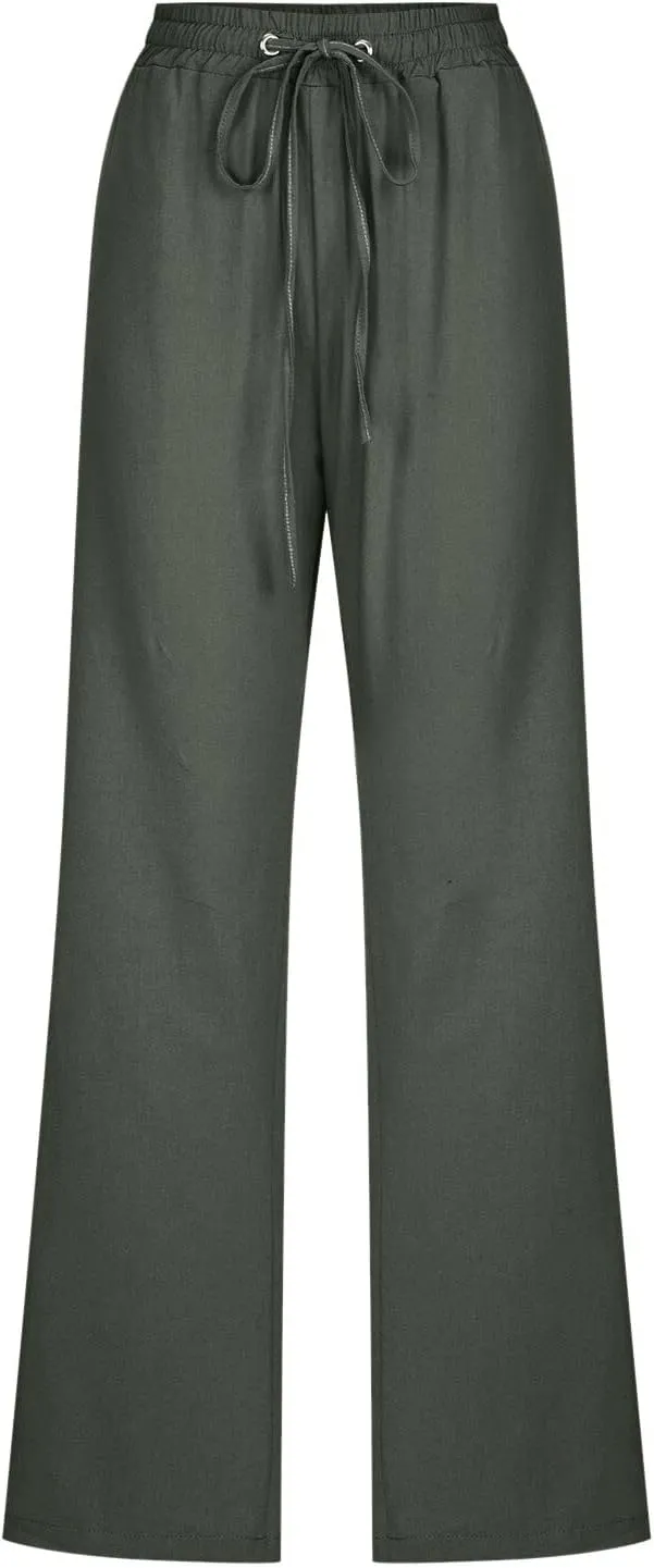 Summer Womens Linen Pants Soild High Waisted Trousers Linen Wide Leg Pants for Women Causal Dressy Drawstring Pants