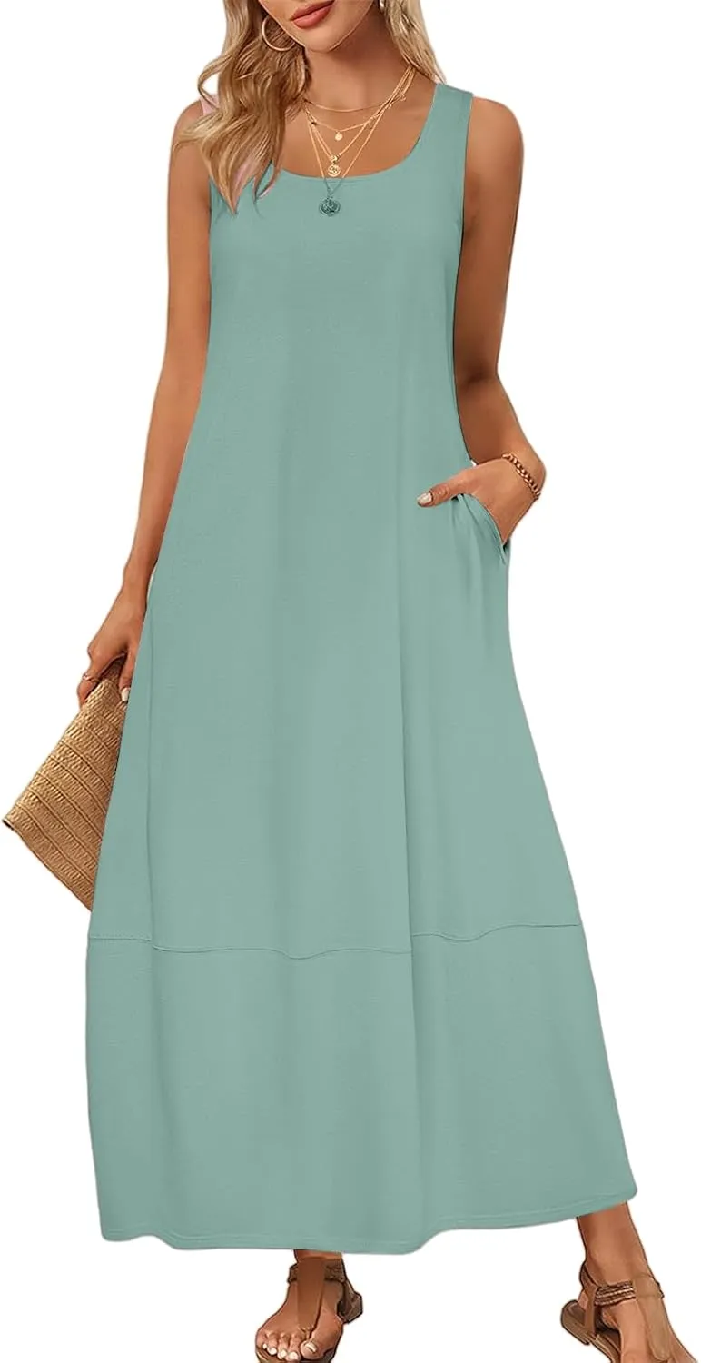 Sundresses for Women 2025 Vacation Casual Summer Beach Dress Scoop Neck Sleeveless Tank Dress Loose Maxi Dresses