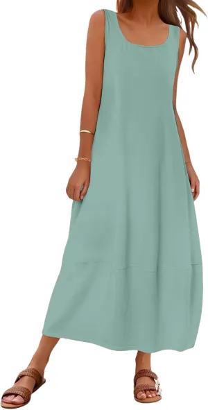 Sundresses for Women 2025 Vacation Casual Summer Beach Dress Scoop Neck Sleeveless Tank Dress Loose Maxi Dresses
