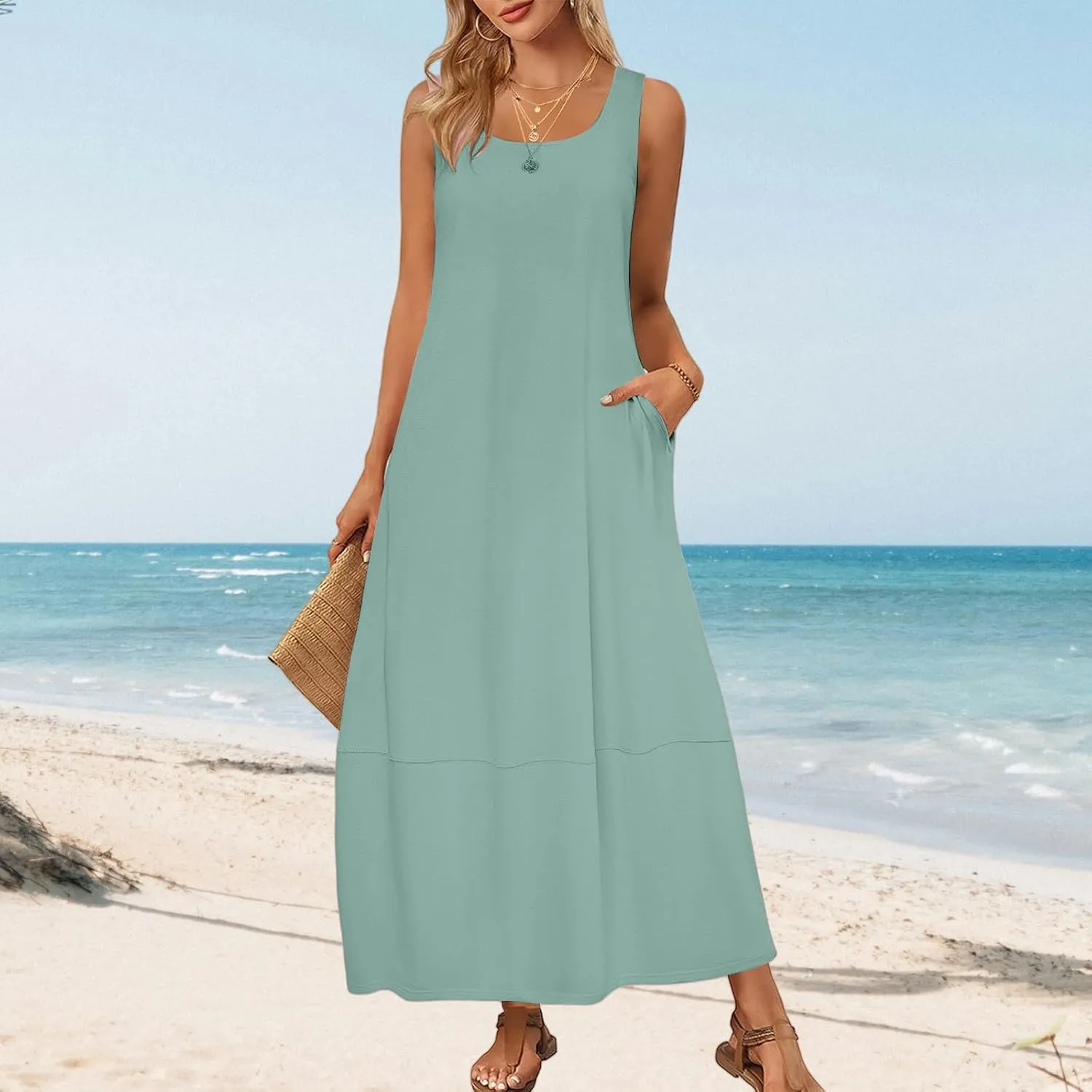 Sundresses for Women 2025 Vacation Casual Summer Beach Dress Scoop Neck Sleeveless Tank Dress Loose Maxi Dresses