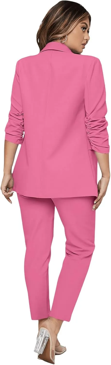SweatyRocks Women's 2 Piece Solid Ruched Sleeve Blazer and Pants Business Office Suit Set