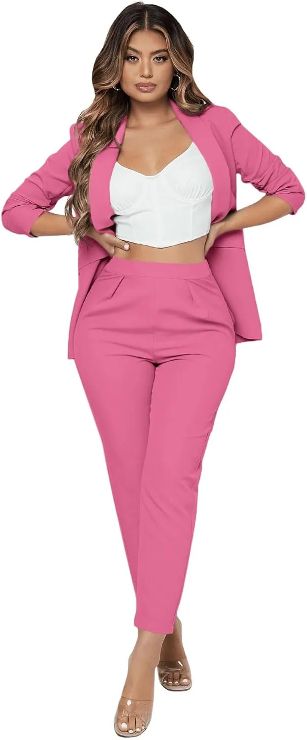 SweatyRocks Women's 2 Piece Solid Ruched Sleeve Blazer and Pants Business Office Suit Set