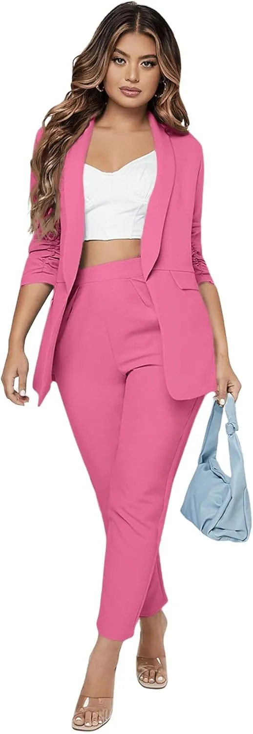 SweatyRocks Women's 2 Piece Solid Ruched Sleeve Blazer and Pants Business Office Suit Set