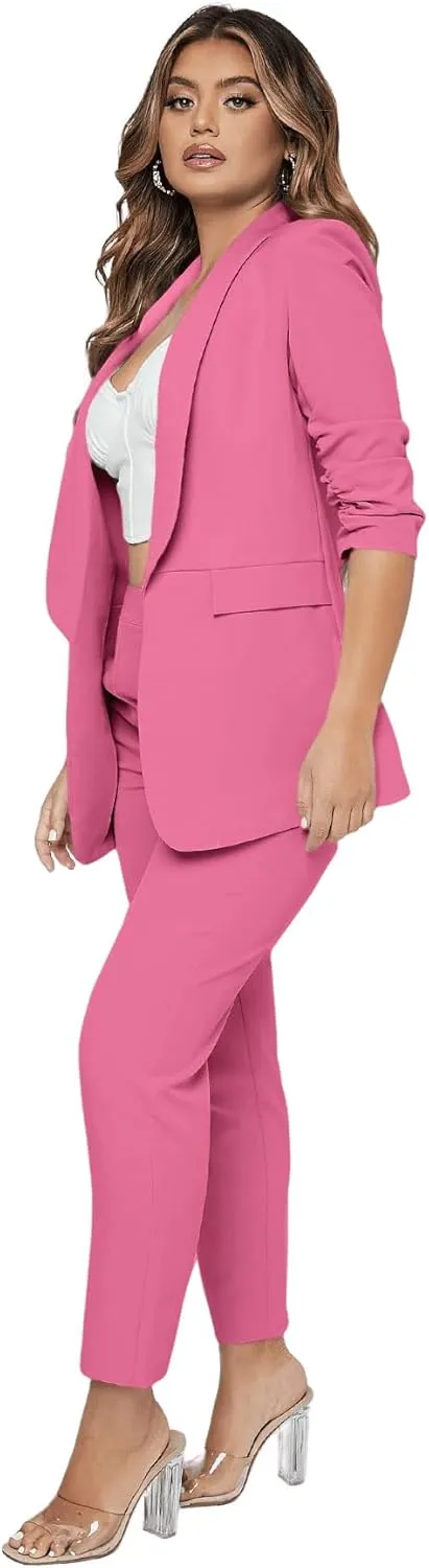 SweatyRocks Women's 2 Piece Solid Ruched Sleeve Blazer and Pants Business Office Suit Set