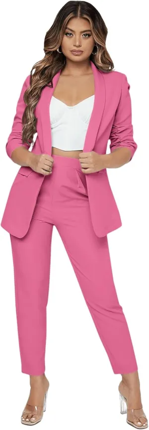 SweatyRocks Women's 2 Piece Solid Ruched Sleeve Blazer and Pants Business Office Suit Set