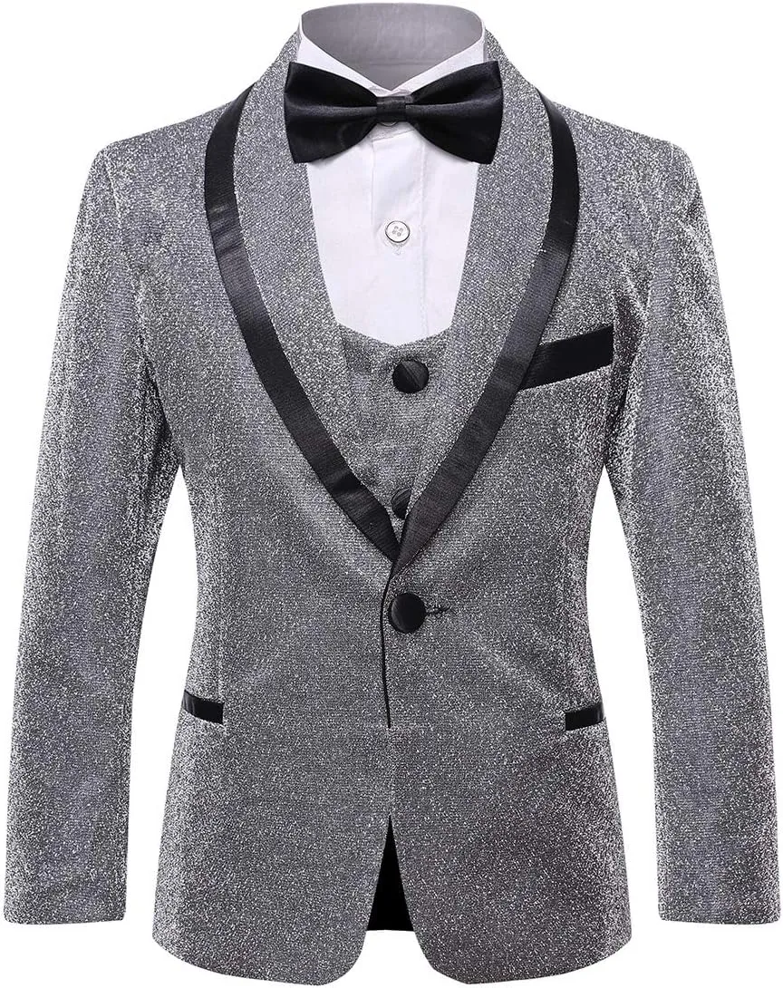 SWOTGdoby Boys Gold Tuxedo Suit Shiny Festive Dress 3 Pieces Blazer Pants Vest for Wedding