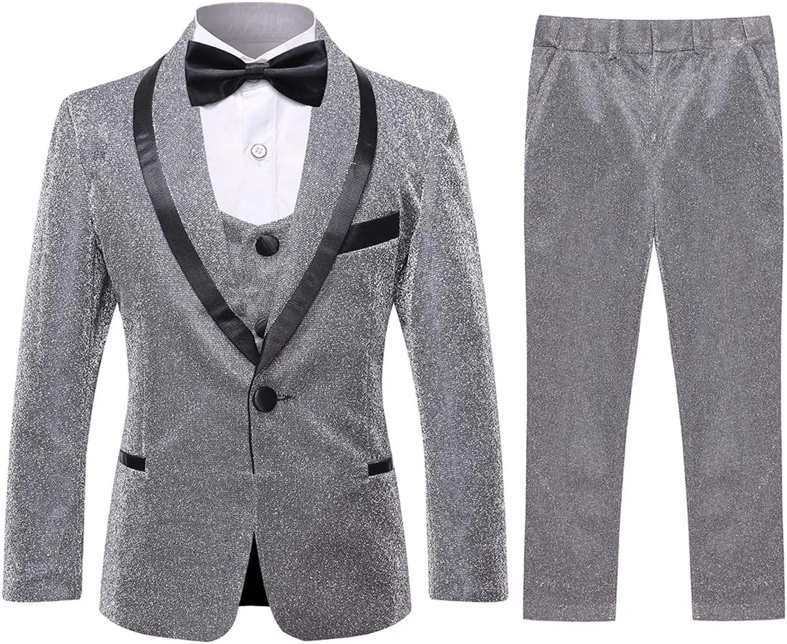 SWOTGdoby Boys Gold Tuxedo Suit Shiny Festive Dress 3 Pieces Blazer Pants Vest for Wedding
