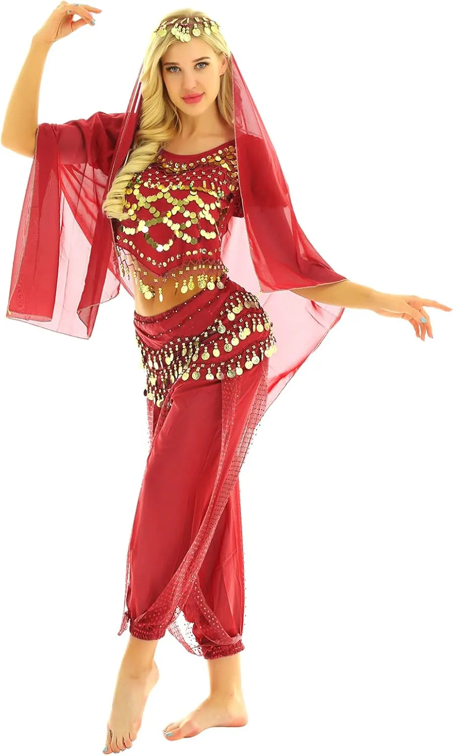 Sxiwei Woman India Belly Dance Costume Bollywood Halloween Dress Outfit Coins Tops Hip Scarf Harem Pants Sets