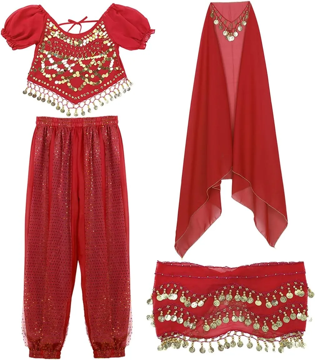 Sxiwei Woman India Belly Dance Costume Bollywood Halloween Dress Outfit Coins Tops Hip Scarf Harem Pants Sets