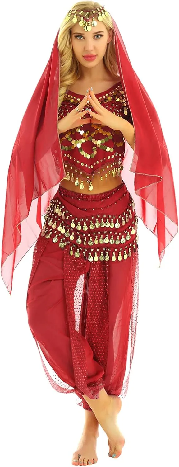 Sxiwei Woman India Belly Dance Costume Bollywood Halloween Dress Outfit Coins Tops Hip Scarf Harem Pants Sets