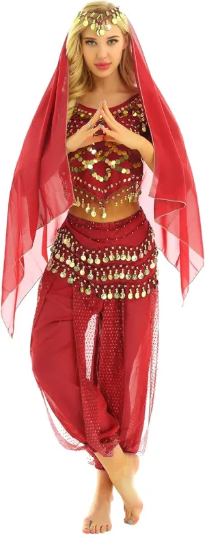 Sxiwei Woman India Belly Dance Costume Bollywood Halloween Dress Outfit Coins Tops Hip Scarf Harem Pants Sets