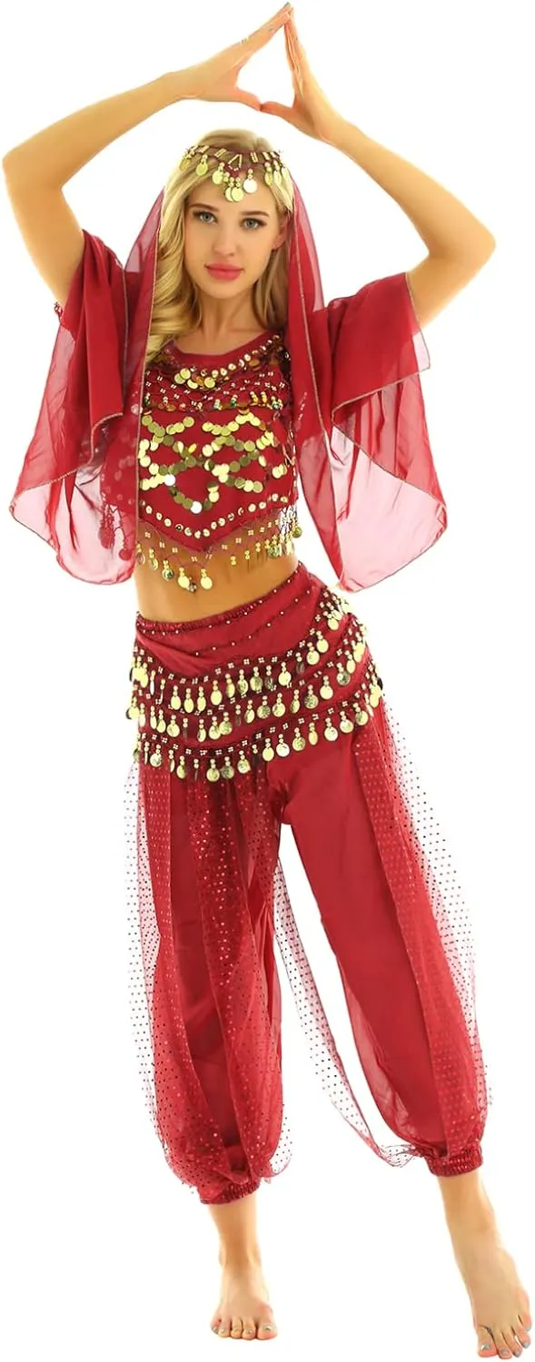 Sxiwei Woman India Belly Dance Costume Bollywood Halloween Dress Outfit Coins Tops Hip Scarf Harem Pants Sets