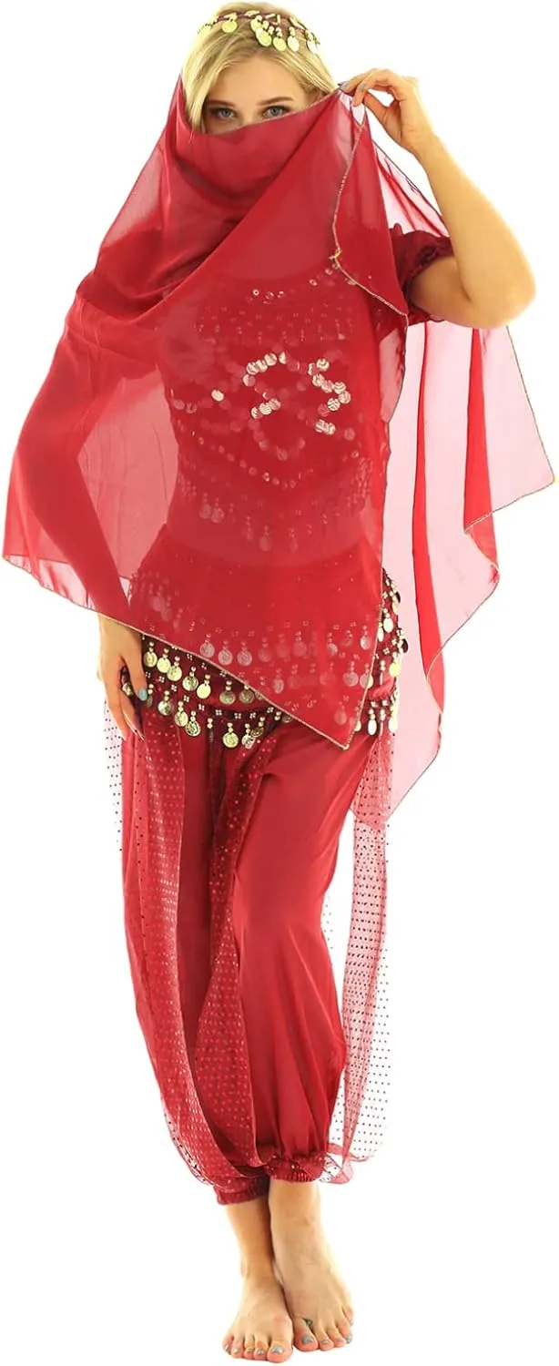 Sxiwei Woman India Belly Dance Costume Bollywood Halloween Dress Outfit Coins Tops Hip Scarf Harem Pants Sets