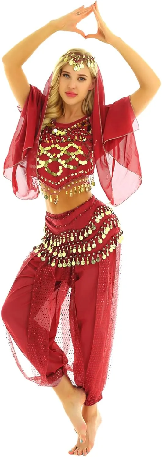 Sxiwei Woman India Belly Dance Costume Bollywood Halloween Dress Outfit Coins Tops Hip Scarf Harem Pants Sets