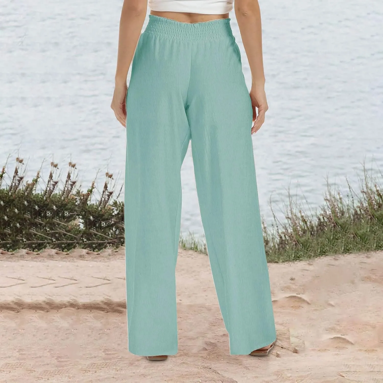 TANGNADE Women's Pants Casual Summer Cotton Linen High Waist Straight Palazzo Pant Trouser Vacation Boho Travel Clothes