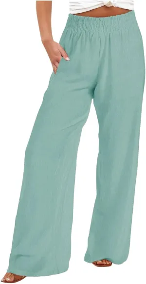 TANGNADE Women's Pants Casual Summer Cotton Linen High Waist Straight Palazzo Pant Trouser Vacation Boho Travel Clothes