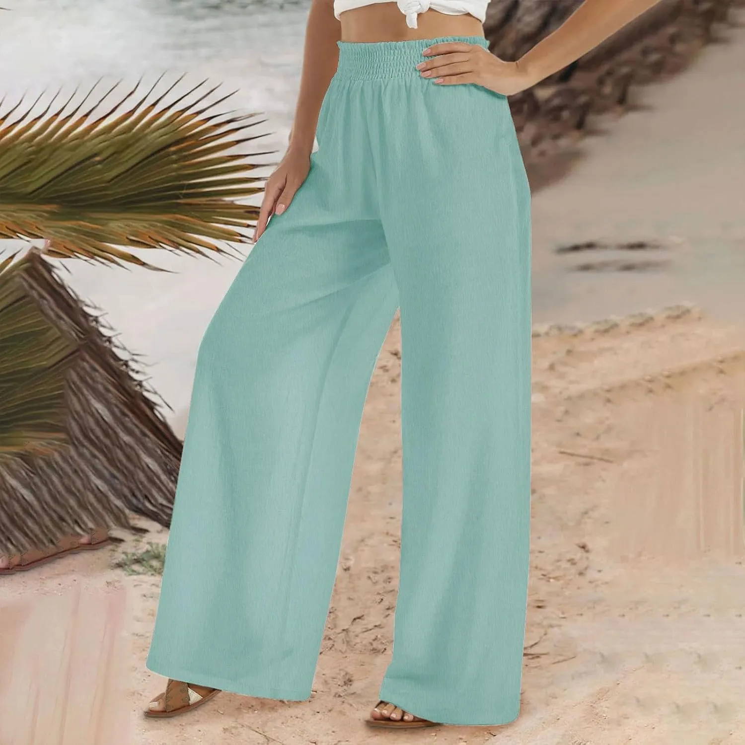 TANGNADE Women's Pants Casual Summer Cotton Linen High Waist Straight Palazzo Pant Trouser Vacation Boho Travel Clothes