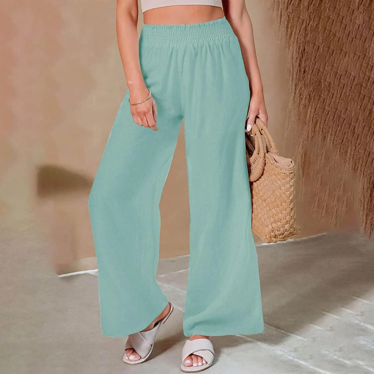 TANGNADE Women's Pants Casual Summer Cotton Linen High Waist Straight Palazzo Pant Trouser Vacation Boho Travel Clothes