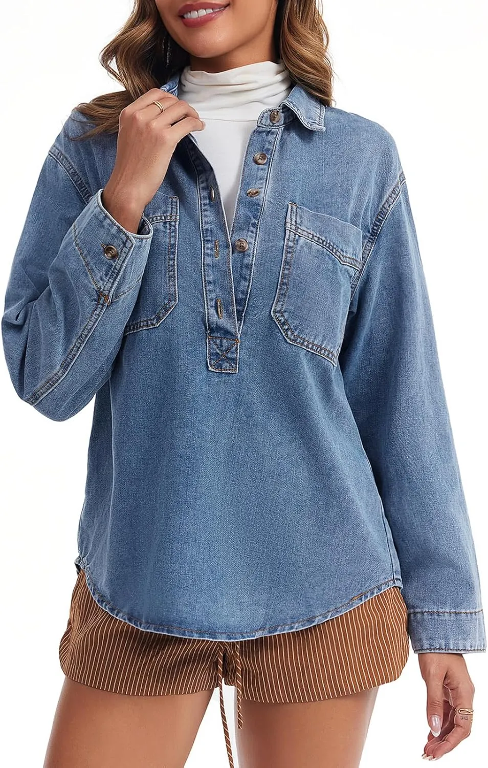 Tankaneo Womens Long Sleeve Denim Tops Casual V Neck Button Down Loose Fit Pullover Jean Shirts
