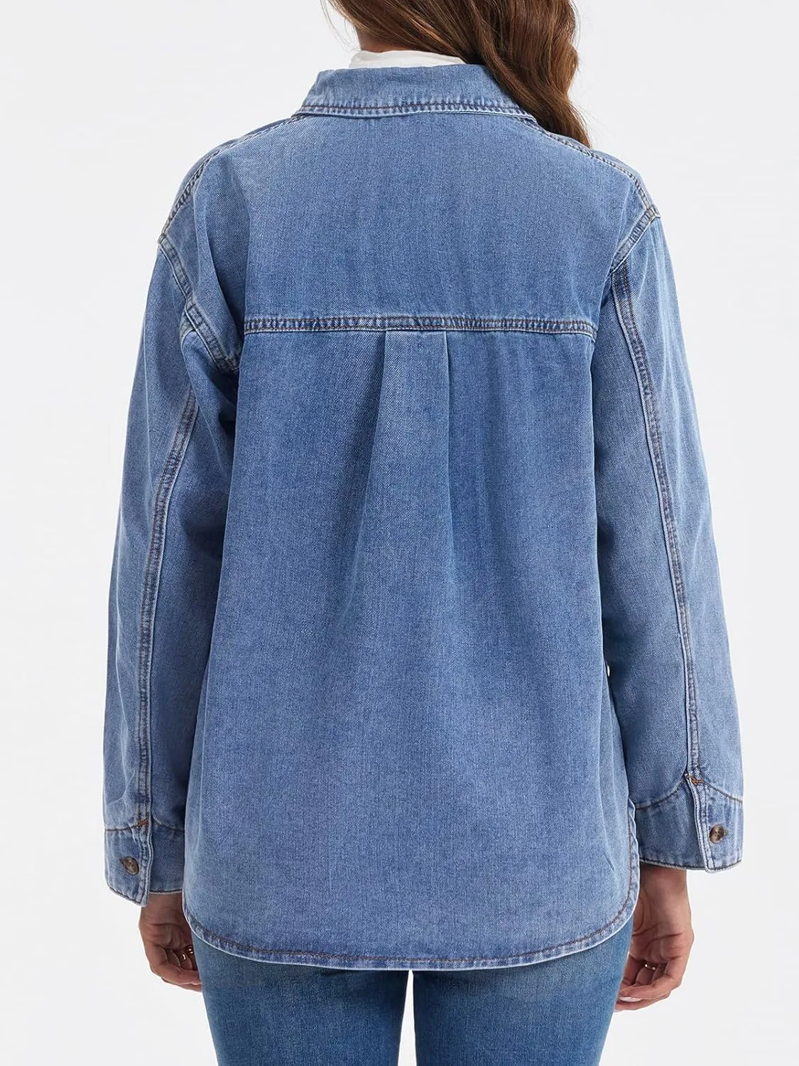 Tankaneo Womens Long Sleeve Denim Tops Casual V Neck Button Down Loose Fit Pullover Jean Shirts