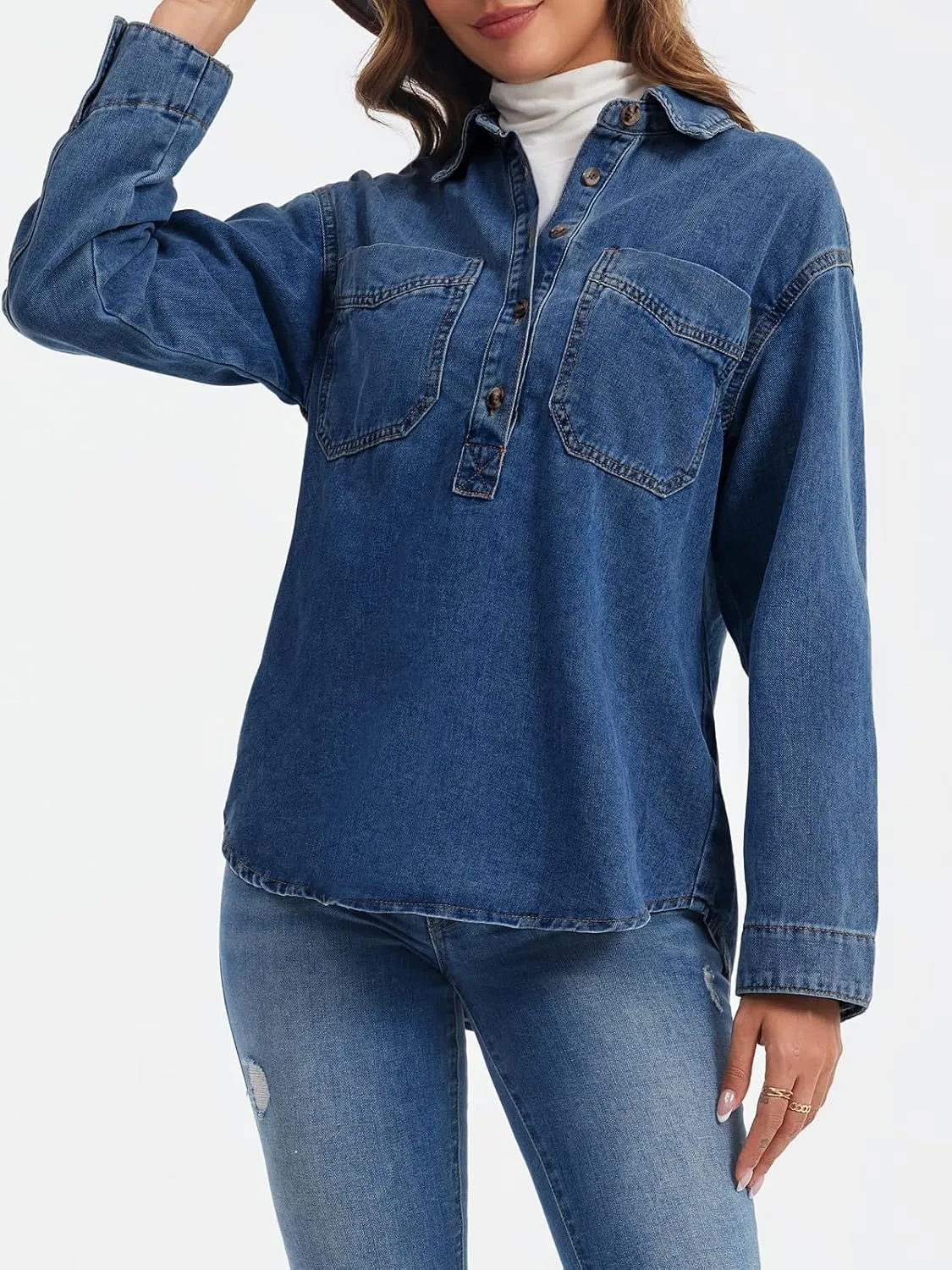 Tankaneo Womens Long Sleeve Denim Tops Casual V Neck Button Down Loose Fit Pullover Jean Shirts