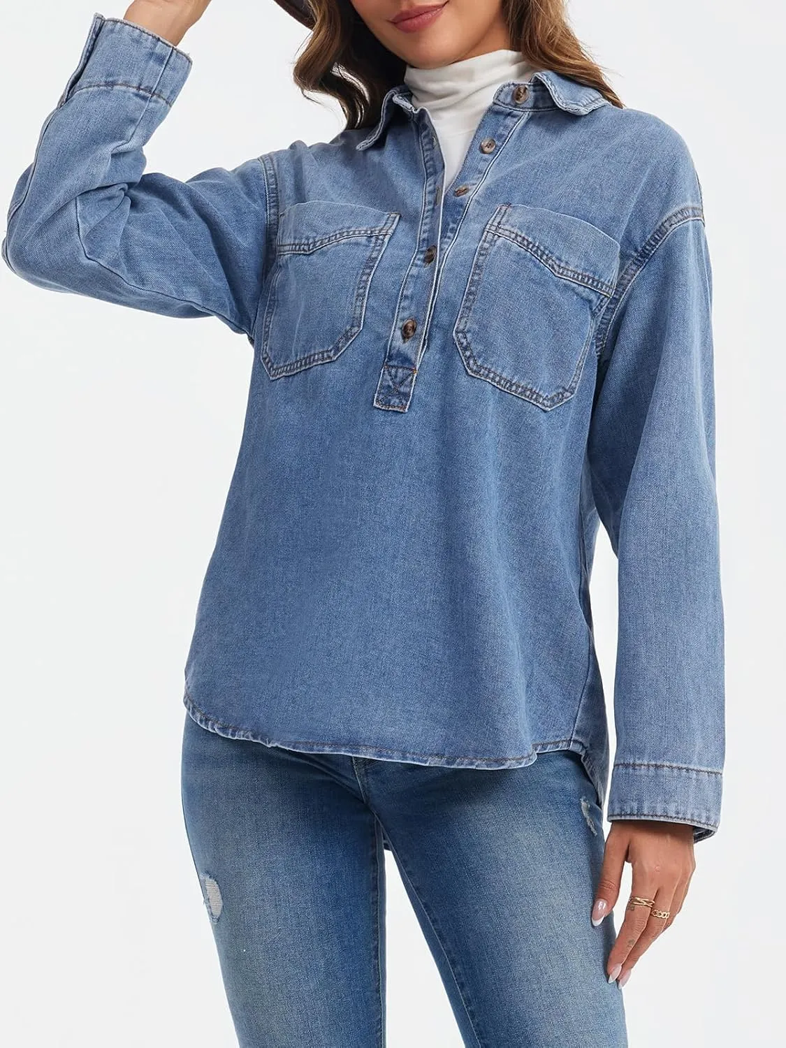 Tankaneo Womens Long Sleeve Denim Tops Casual V Neck Button Down Loose Fit Pullover Jean Shirts