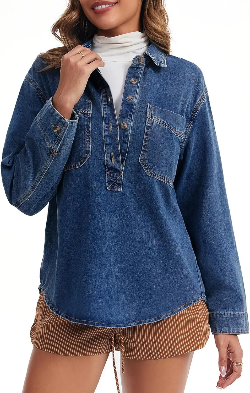 Tankaneo Womens Long Sleeve Denim Tops Casual V Neck Button Down Loose Fit Pullover Jean Shirts