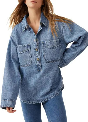 Tankaneo Womens Long Sleeve Denim Tops Casual V Neck Button Down Loose Fit Pullover Jean Shirts