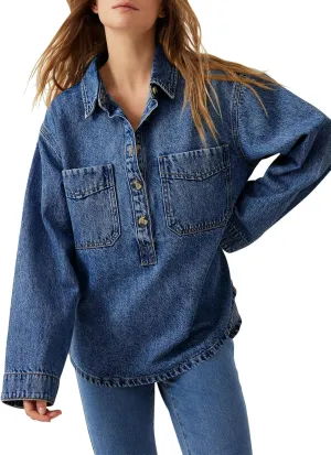 Tankaneo Womens Long Sleeve Denim Tops Casual V Neck Button Down Loose Fit Pullover Jean Shirts