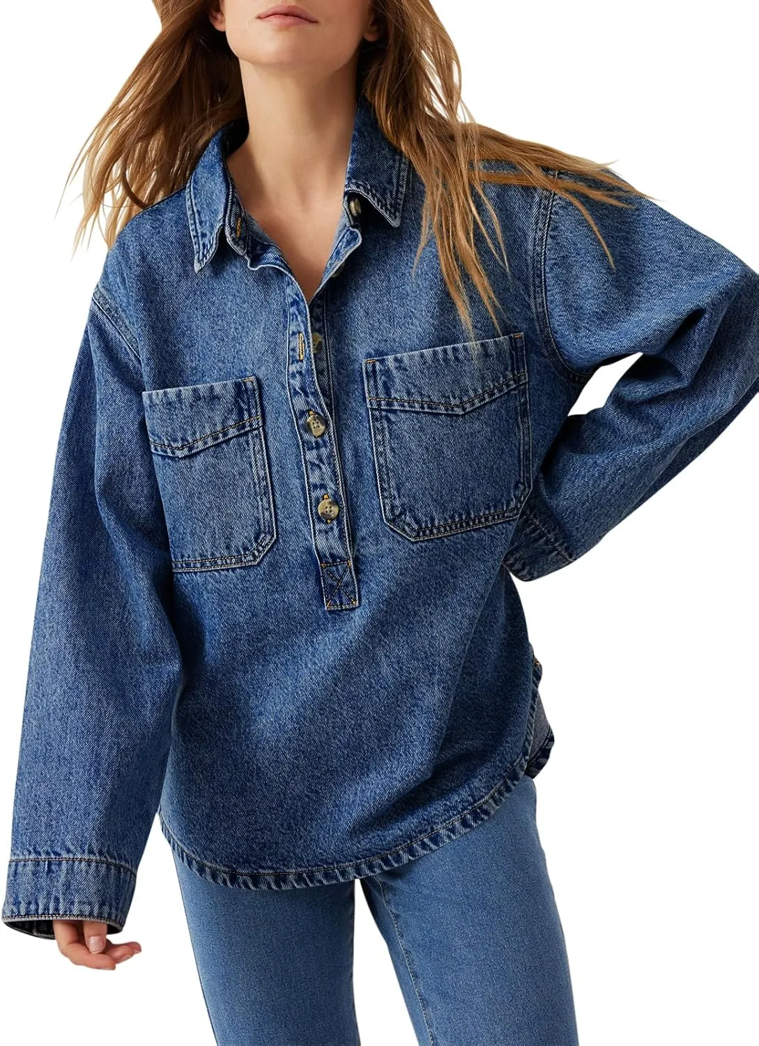 Tankaneo Womens Long Sleeve Denim Tops Casual V Neck Button Down Loose Fit Pullover Jean Shirts
