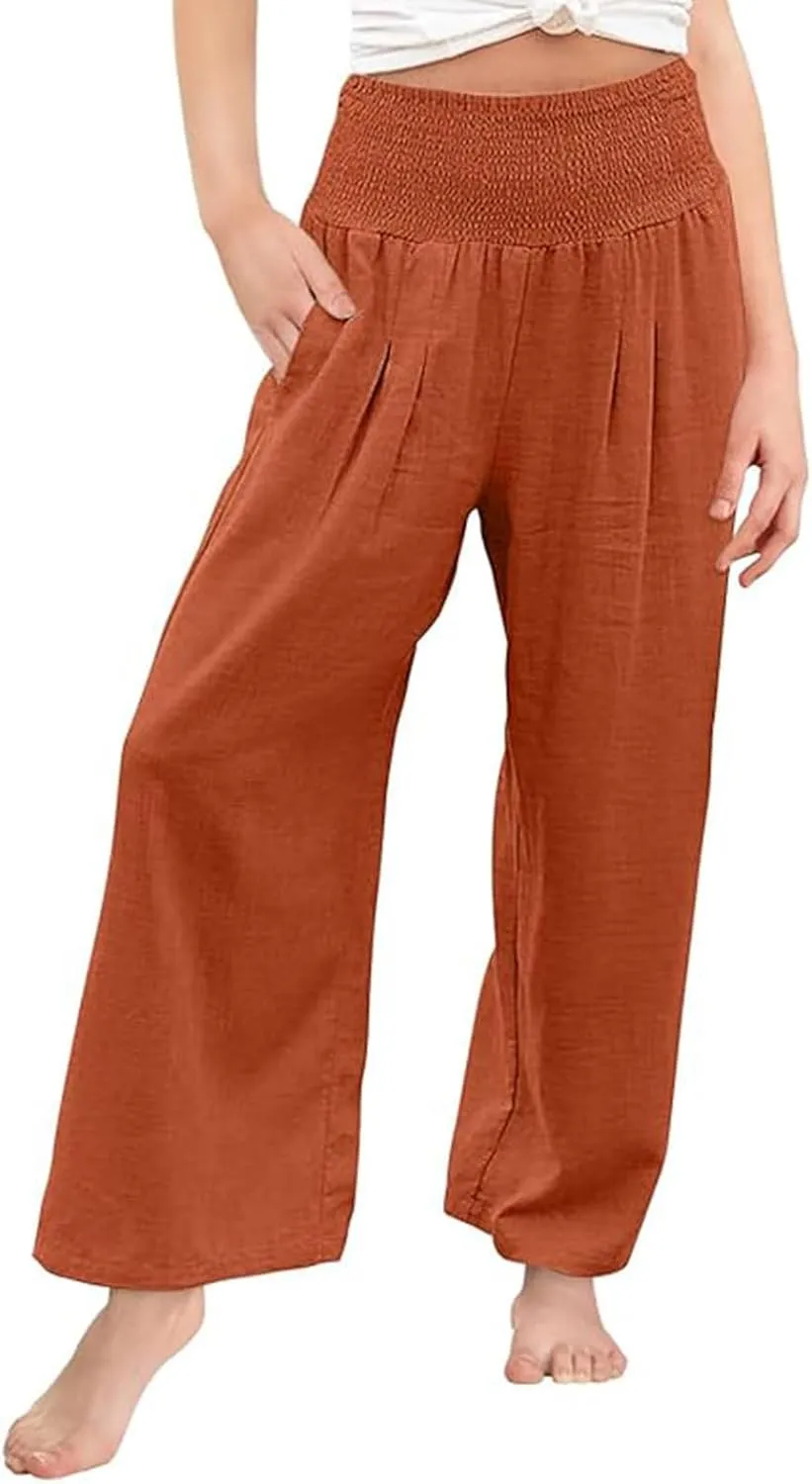 Teen Girls Cotton Linen Palazzo Pants Kids Beach Travel Resort Trousers Summer High Waist Casual Wide Leg Lounge Pant