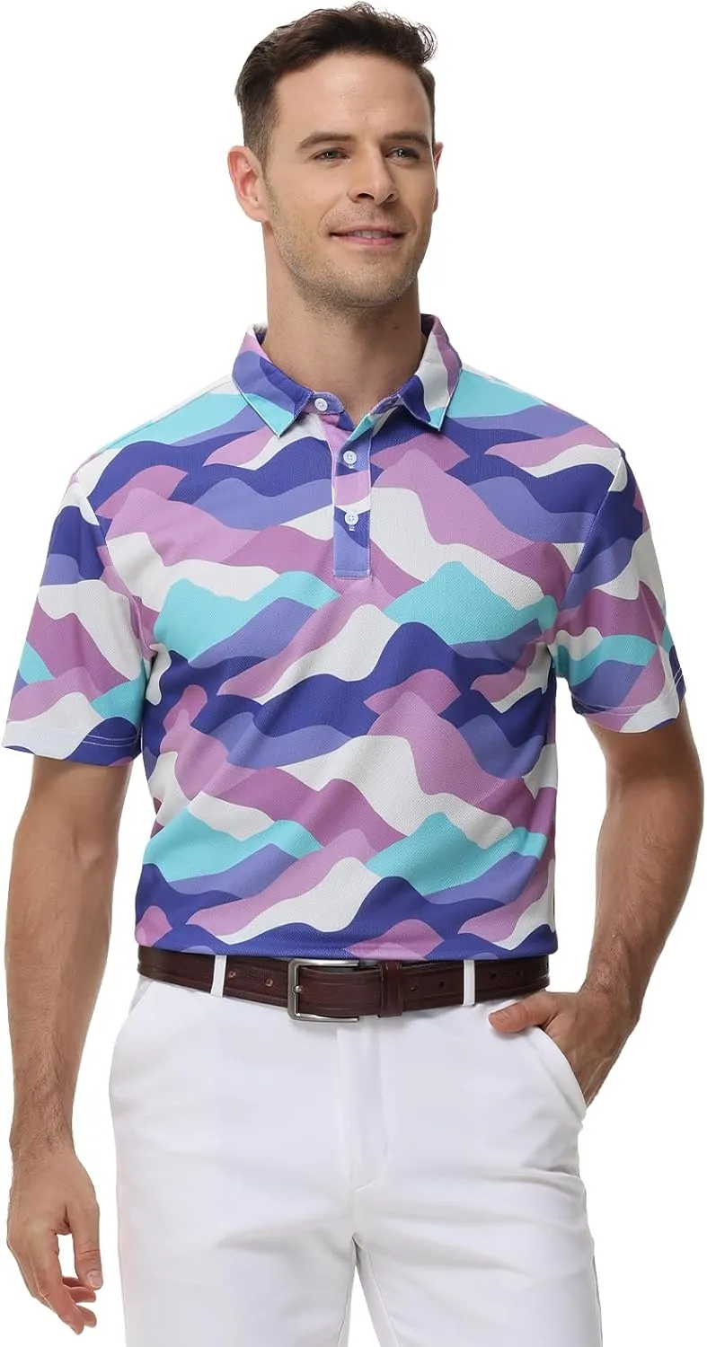 TIHEEN Mens Performance Moisture Wicking Golf Polo Shirt,Mens Business Casual Printed Short Sleeve Polo Shirts