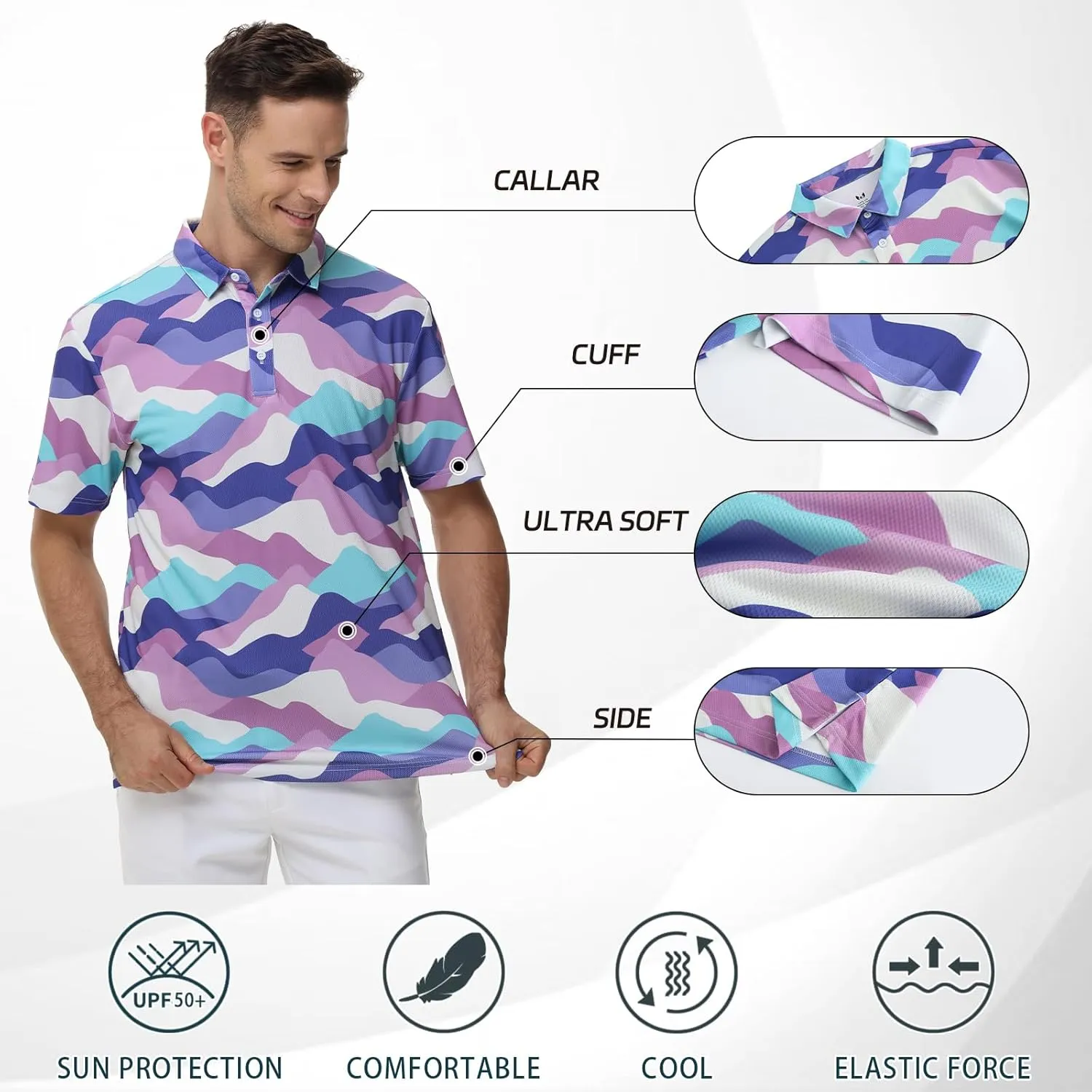 TIHEEN Mens Performance Moisture Wicking Golf Polo Shirt,Mens Business Casual Printed Short Sleeve Polo Shirts