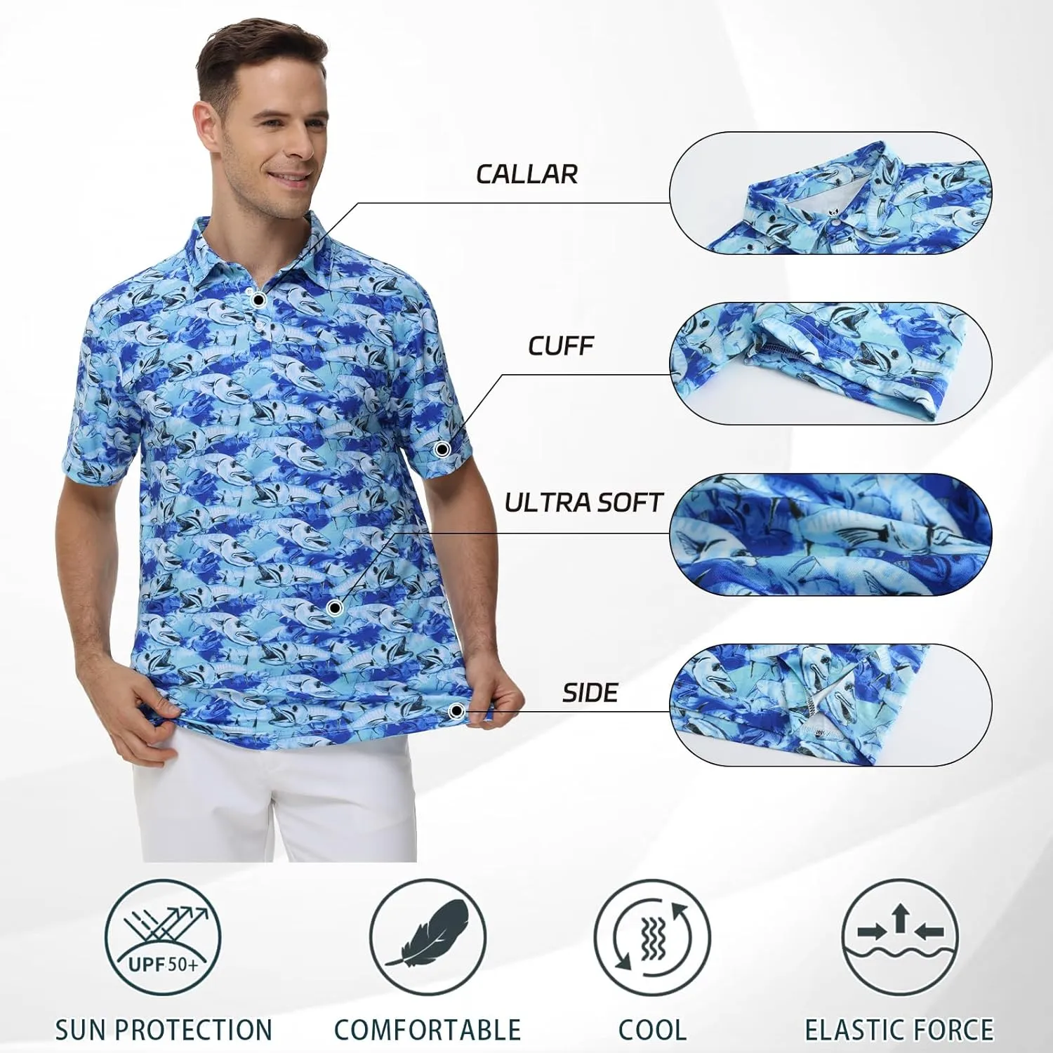 TIHEEN Mens Performance Moisture Wicking Golf Polo Shirt,Mens Business Casual Printed Short Sleeve Polo Shirts