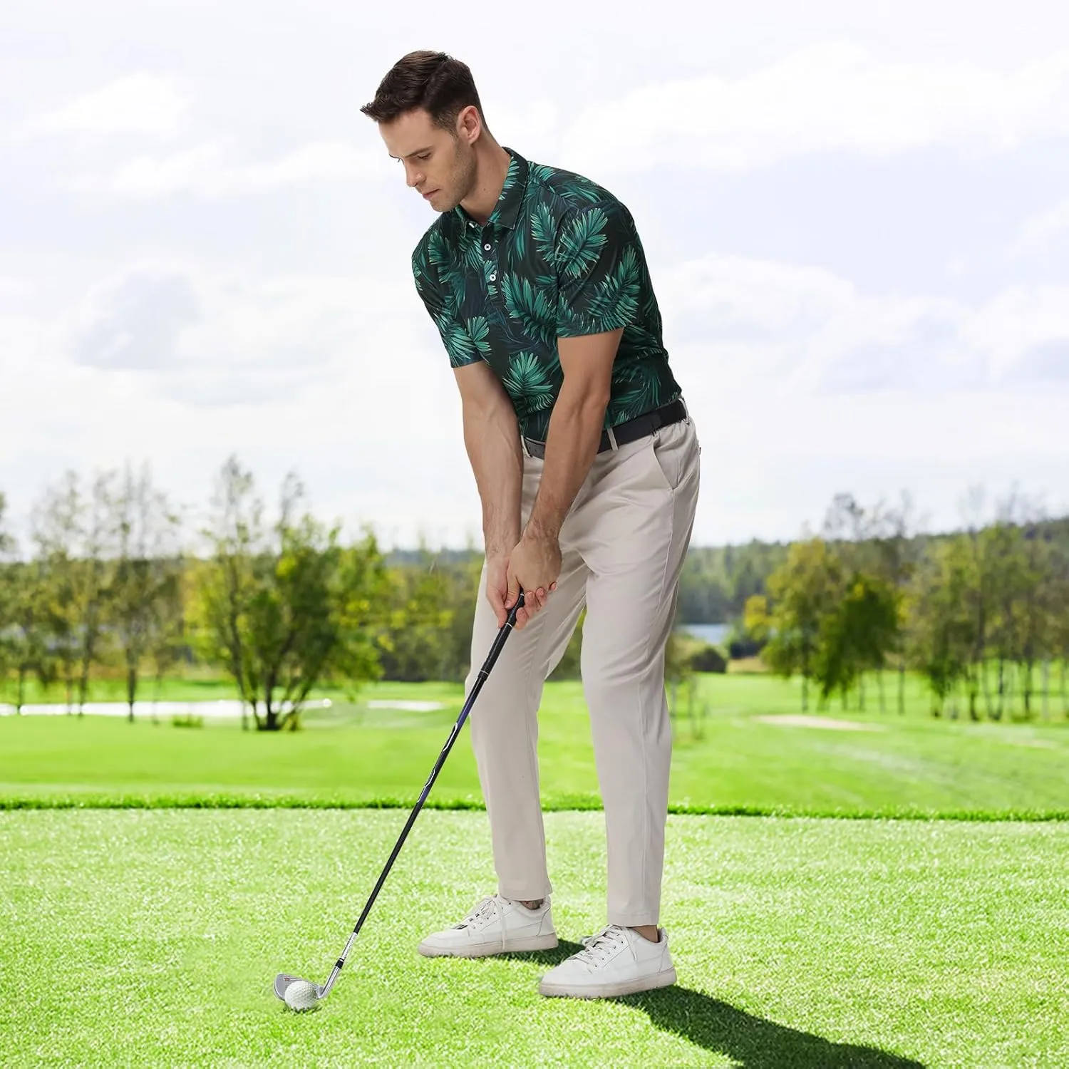 TIHEEN Mens Performance Moisture Wicking Golf Polo Shirt,Mens Business Casual Printed Short Sleeve Polo Shirts