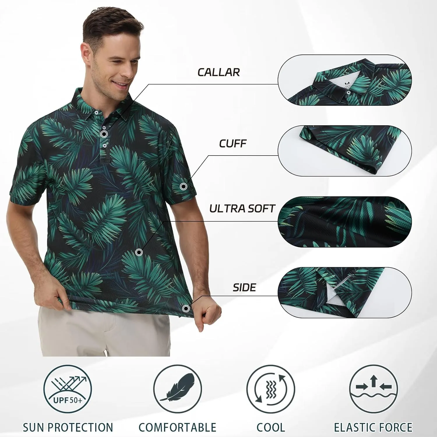 TIHEEN Mens Performance Moisture Wicking Golf Polo Shirt,Mens Business Casual Printed Short Sleeve Polo Shirts