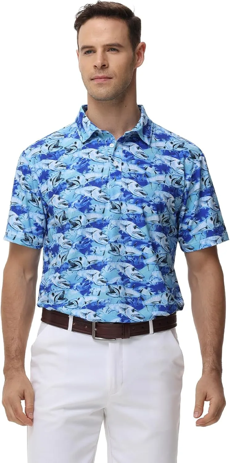 TIHEEN Mens Performance Moisture Wicking Golf Polo Shirt,Mens Business Casual Printed Short Sleeve Polo Shirts