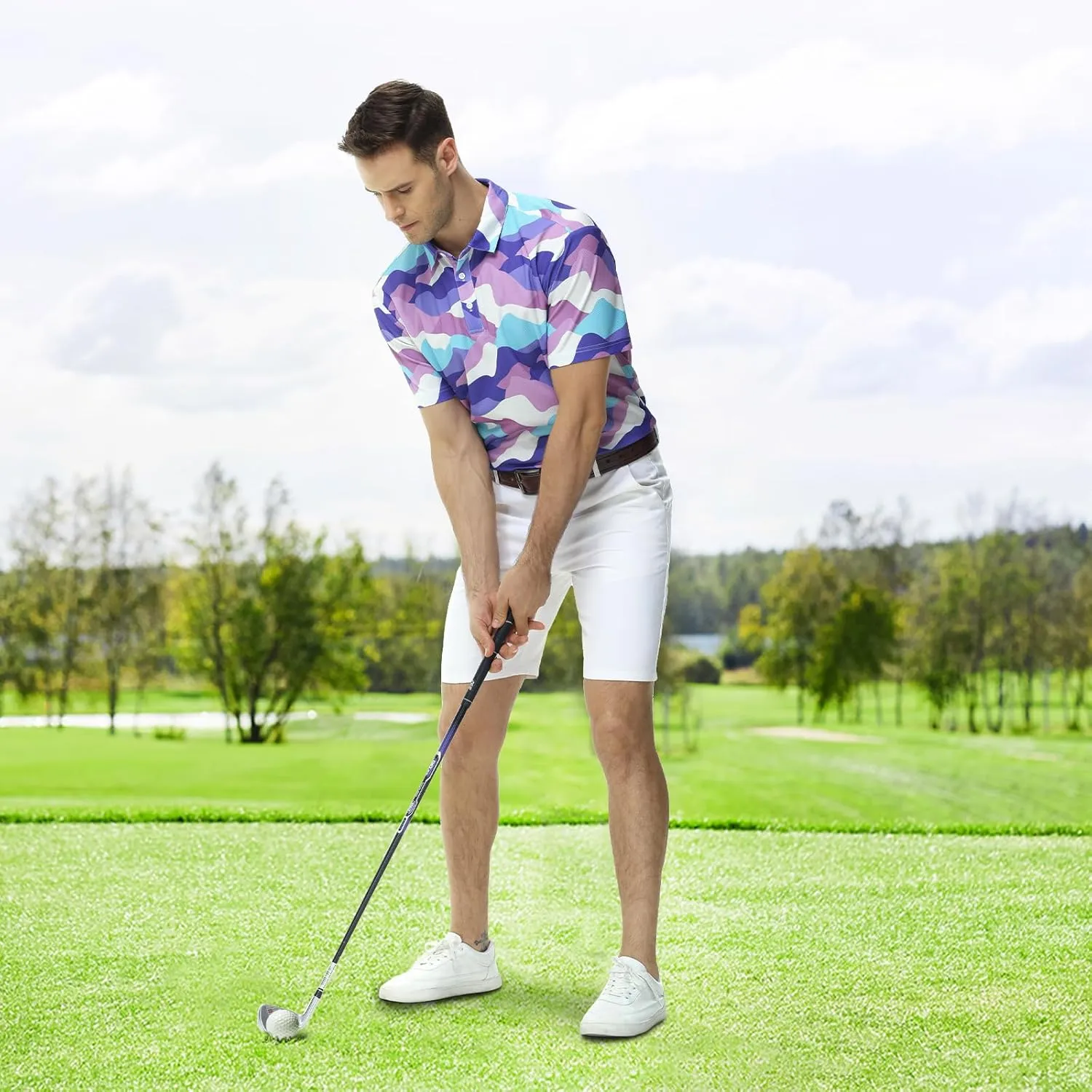 TIHEEN Mens Performance Moisture Wicking Golf Polo Shirt,Mens Business Casual Printed Short Sleeve Polo Shirts