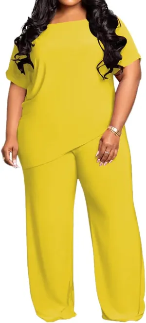 TOPSRANI Womens Plus Size Two Piece Outfits Sweatsuits Casual Tracksuit Short Sleeve Loose Baggy Wide Leg Long Pants Sets