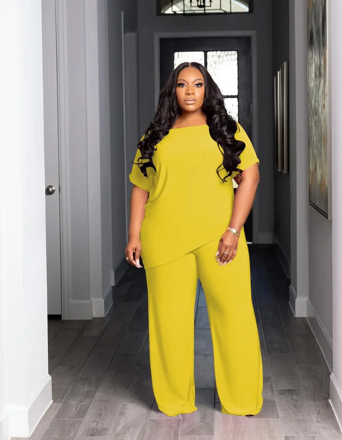 TOPSRANI Womens Plus Size Two Piece Outfits Sweatsuits Casual Tracksuit Short Sleeve Loose Baggy Wide Leg Long Pants Sets