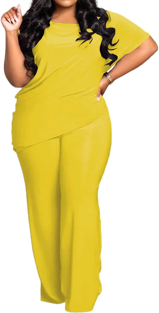 TOPSRANI Womens Plus Size Two Piece Outfits Sweatsuits Casual Tracksuit Short Sleeve Loose Baggy Wide Leg Long Pants Sets