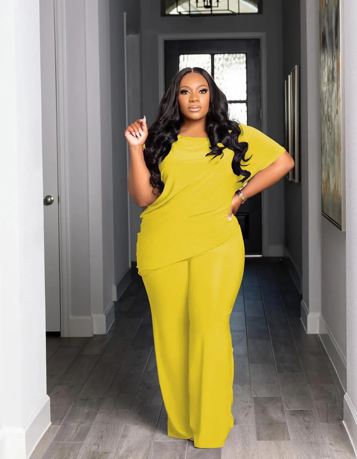 TOPSRANI Womens Plus Size Two Piece Outfits Sweatsuits Casual Tracksuit Short Sleeve Loose Baggy Wide Leg Long Pants Sets