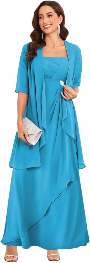 TORYEMY 2 Pieces Mother of The Bride Dresses with Jacket for Wedding Half Sleeve Long Chiffon Formal Evening Dresses