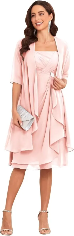 TORYEMY Mother of The Bride Dresses with Jacket 2 Pieces Half Sleeve Knee Length Chiffon Mother Groom Dress