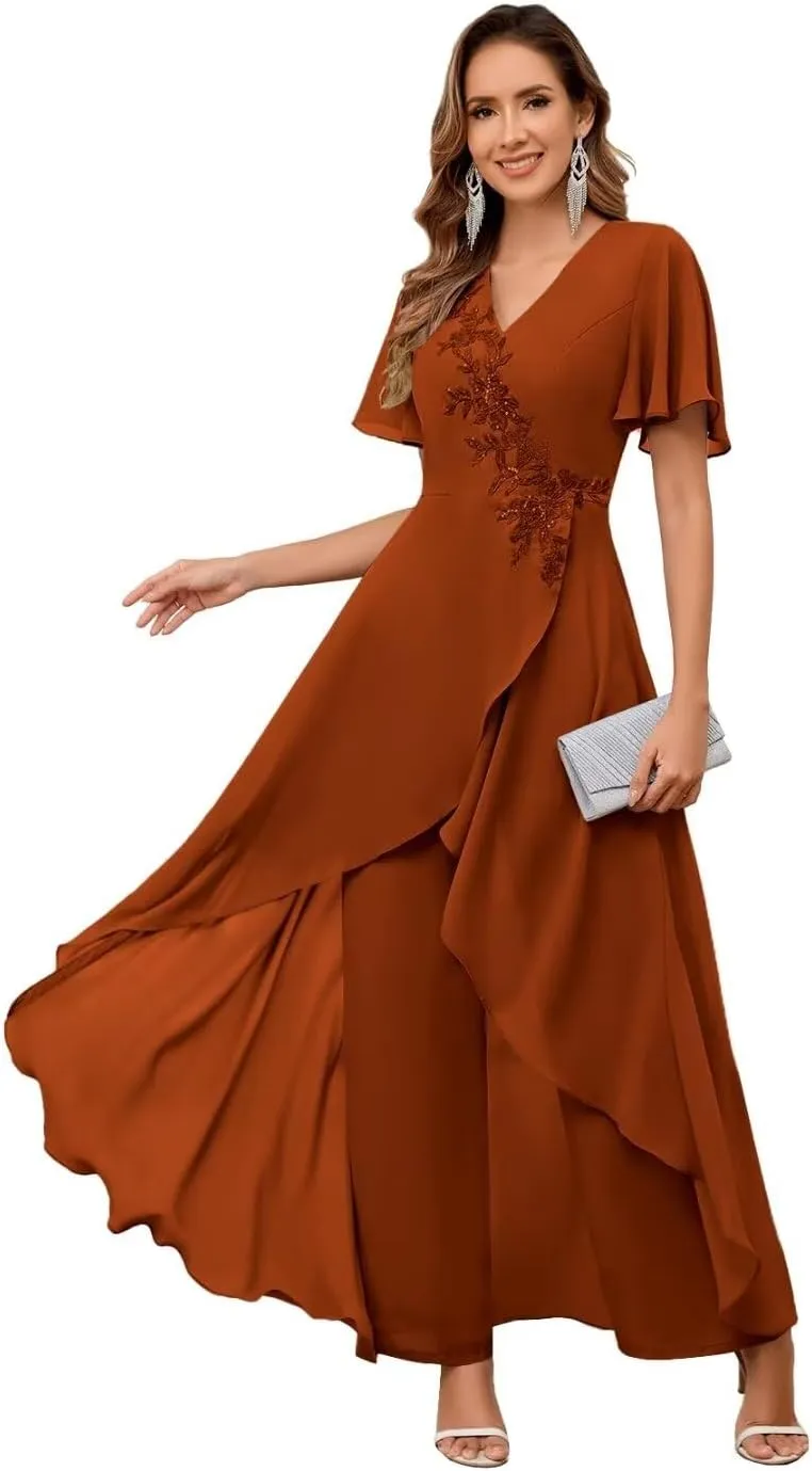 TORYEMY Mother of The Bride Pant Suits for Wedding Chiffon Lace Appliques Short Sleeve Pant Suits for Women Dressy with Bead