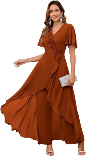 TORYEMY Mother of The Bride Pant Suits for Wedding Chiffon Lace Appliques Short Sleeve Pant Suits for Women Dressy with Bead