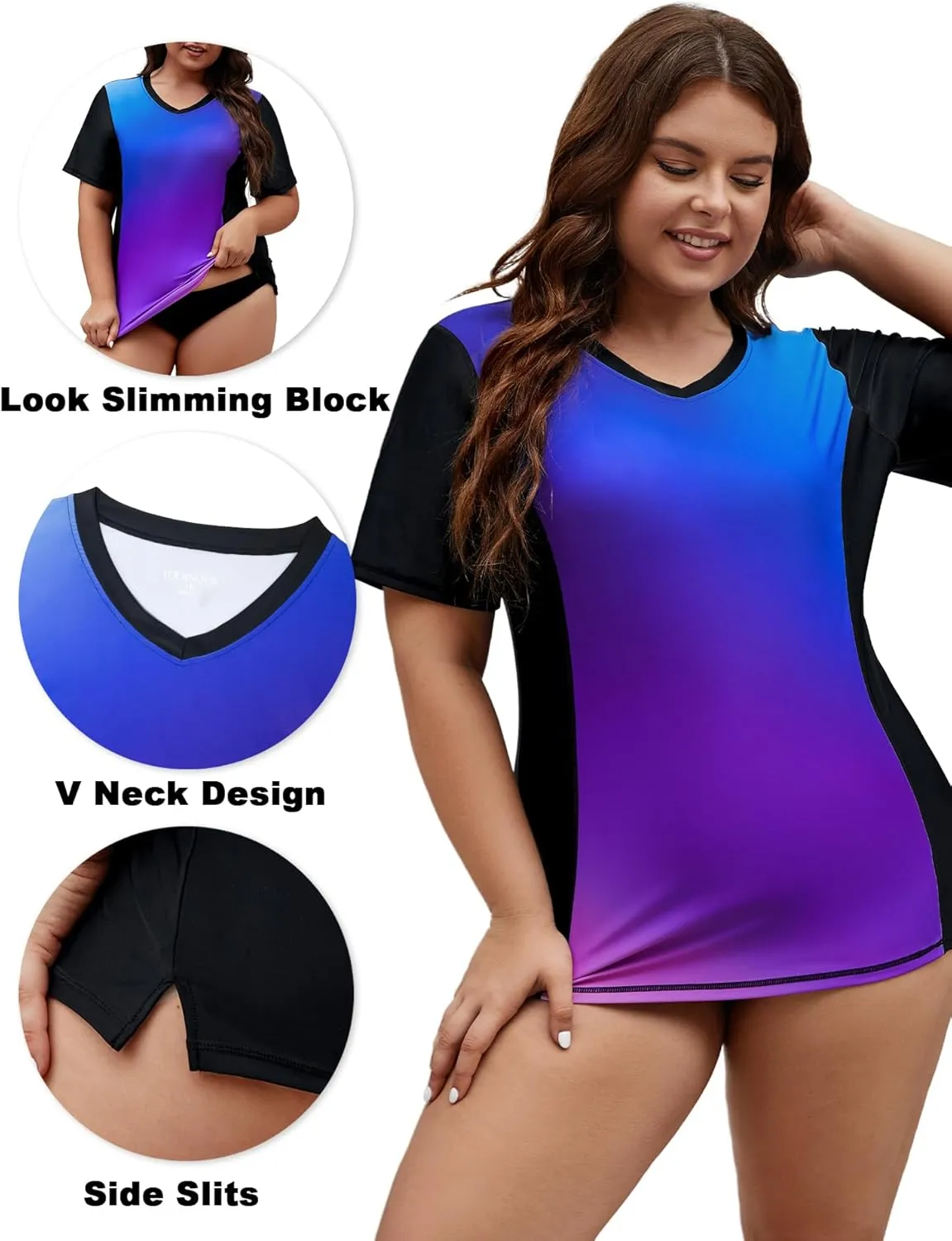 Tournesol Women's Plus Size Rash Guard UV Sun Protection Swim Shirts Short Sleeve Swimwear Swimsuit Tops